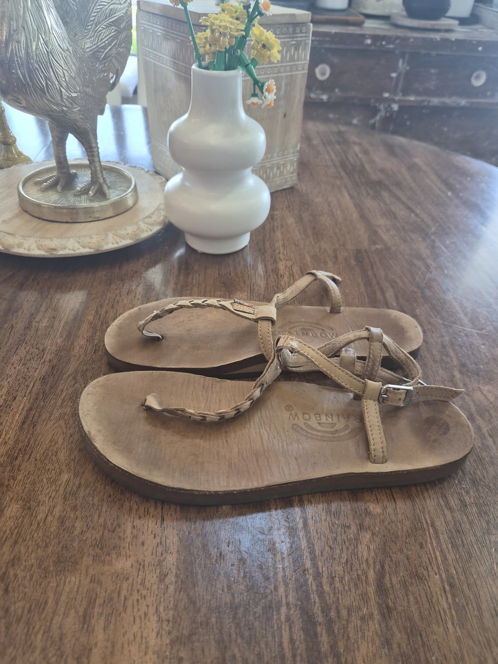 Rainbow Tan Braided Leather Strap Women's Sandals
